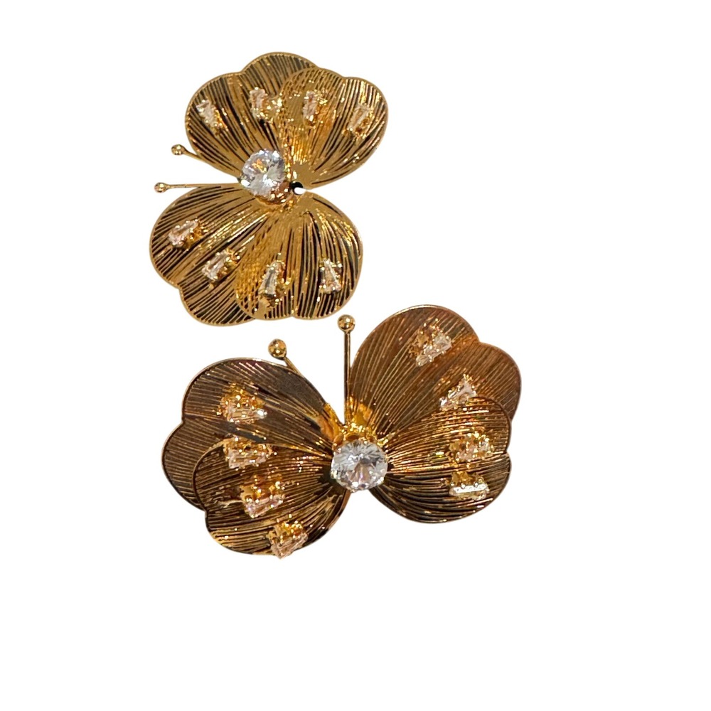 Gold Tone Butterfly Stud Earrings Clear Crystal Baguette Filigree Statement